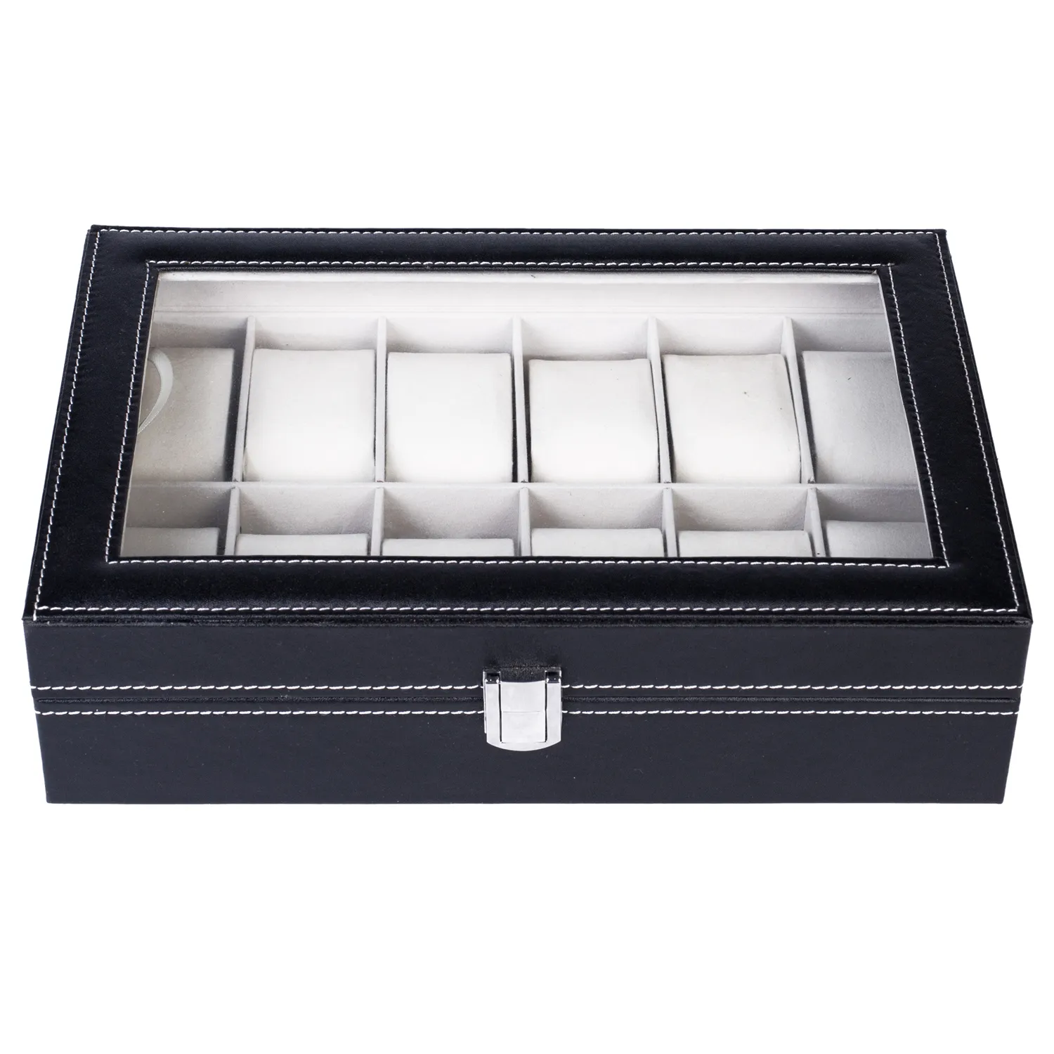 12 Gitter Leder Uhr Schmuck Aufbewahrungsboxen Doppelschicht Elegante Sammlung Lageruhr Showcase Box Schwarz