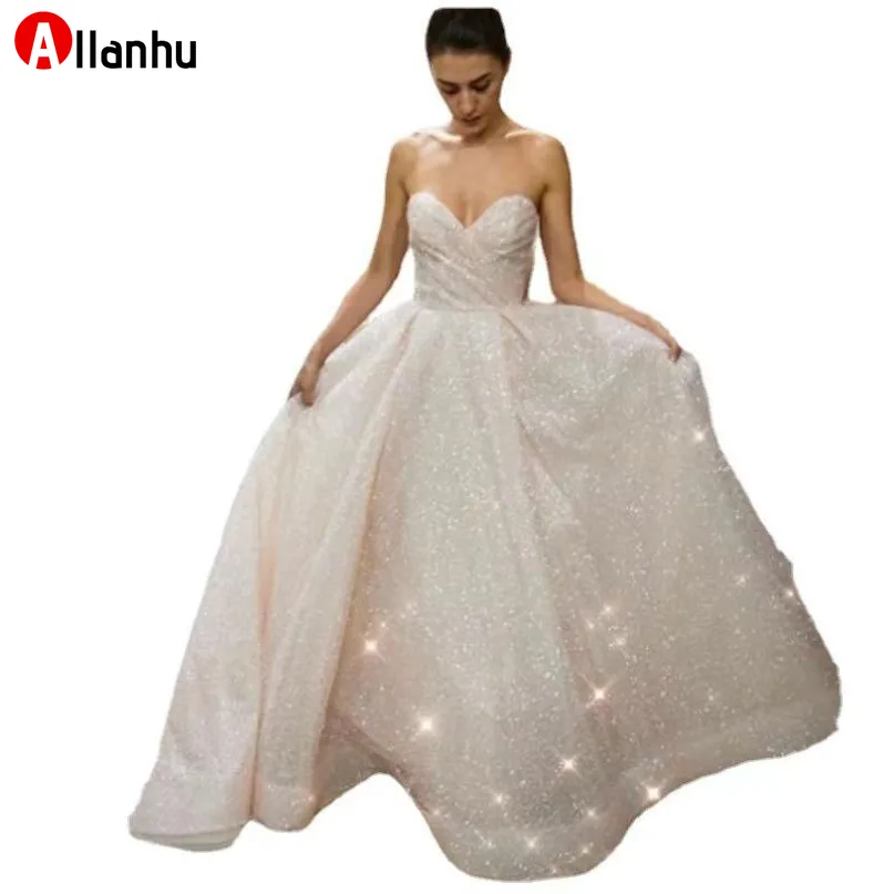 NEW! 2022 Sparkly Sequined Strapless Long Wedding Dress For Women Sweetheart Neck Sleeveless A Line Floor Length Bride Wedding Gowns