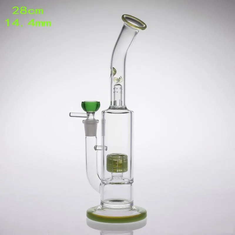 Rancom Schüsselgelenkgröße 14,4 mm, 28 cm, Wasserpfeifen, fluoreszierendes grünes Glas, Bongs mit zwei Funktionen, Dab-Rigs, Reifen-Perc-Arm, Baum-Dab-Rigs, Rauchbong