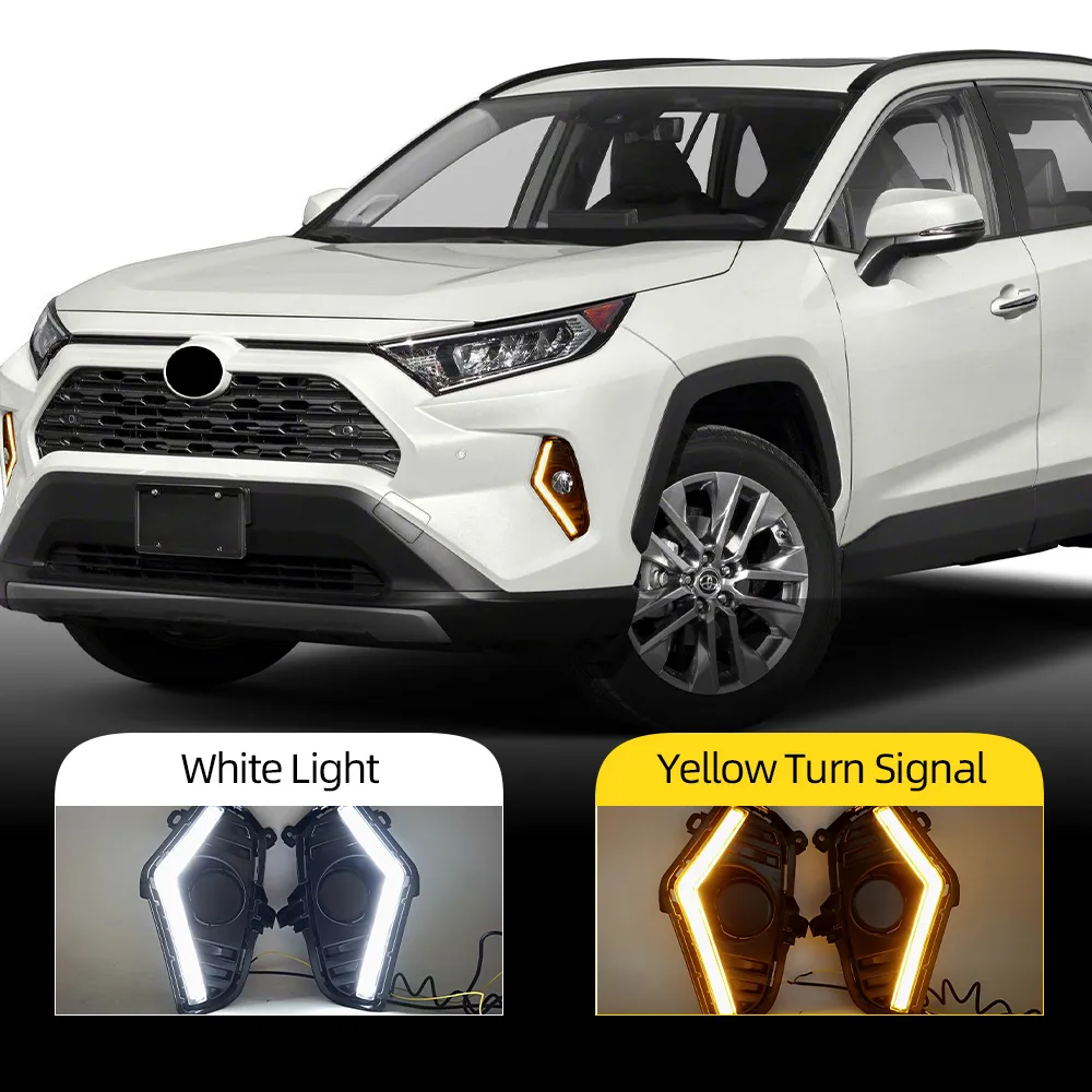 1ペアカーDRL LED DAYTIMEランニングライトトヨタRAV4 2019 2020 2021 2022ホワイトドルルイエローターンシグナルライトとフォグランプホール