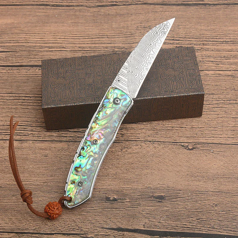 Promotie 6.7 "Damascus Pocket Folding Mes Damascus-stalen Blade Abalone Shell Handvat EDC Pocket Gift Messen met Detailhandel