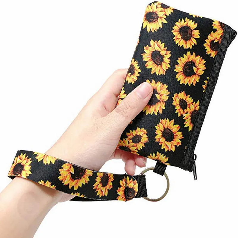 Neoprene Coin Purse ID Card Holder Wristlet Wallets Mini Bags Waterproof Sunflower Printing Fashion Handbag Passport Cover Coin Case