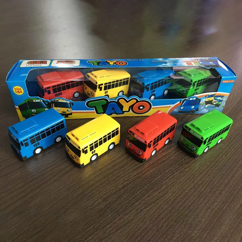 Cute 4pcs / set Tayo the Little Bus Mini Plastic Pull Back Blue Tayo Red Gani Yellow Lani Green Rogi Bus Car Model para niños Regalo LJ200930