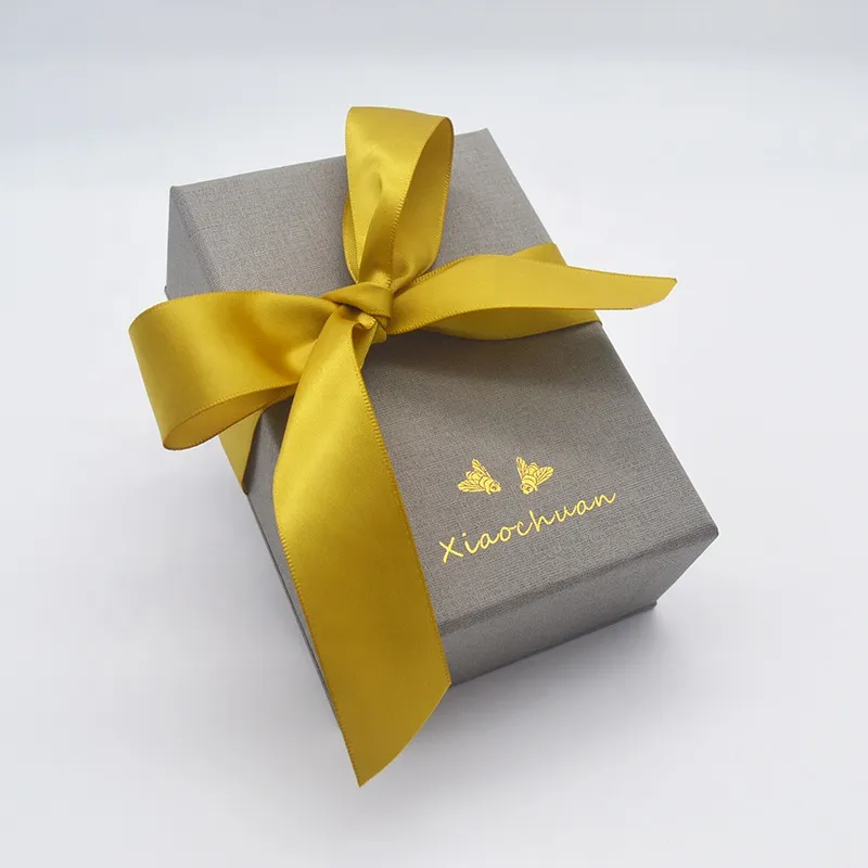 Customized Cardboard Luxury Mini Hardcover Ring Necklace Jewelry Paper Gift Box With Yellow Silk Ribbon