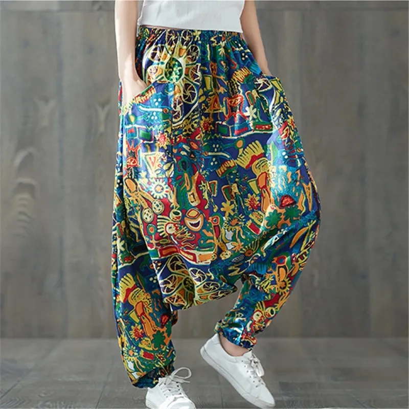 Mujeres Boho Harem Pantalones sueltos de gran tamaño mezclado algodón streetwear hip hop pantalones de baile étnico estampado hippie pantalón 201228