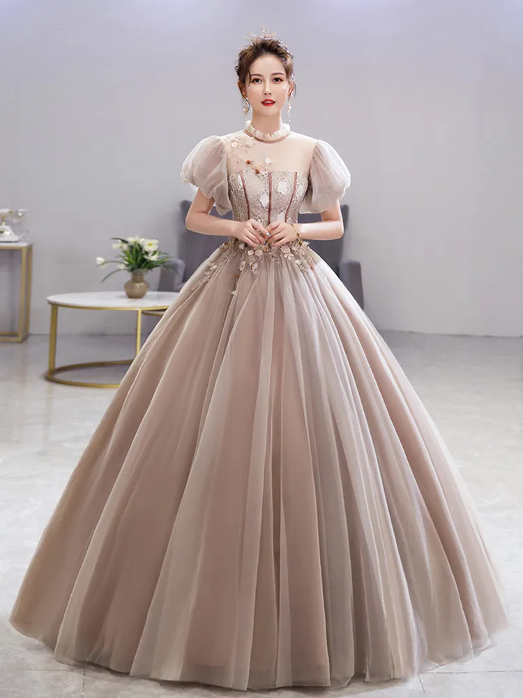 Medieval Renaissance costume dress with bubble sleeves and ruffle collar in  light khaki tulle for women from Dhgate Theme Costume - price 129.95