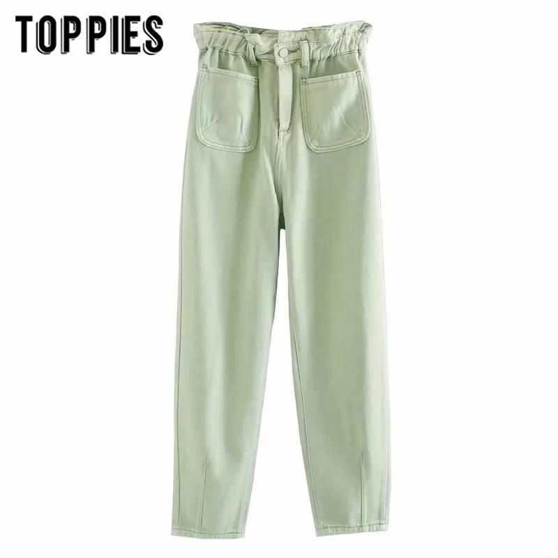 Weiße grüne Jeans Denim Papprotage Hosen Fronttaschen Hohe Taille Jeans Ankle Längt Streetwear 201006