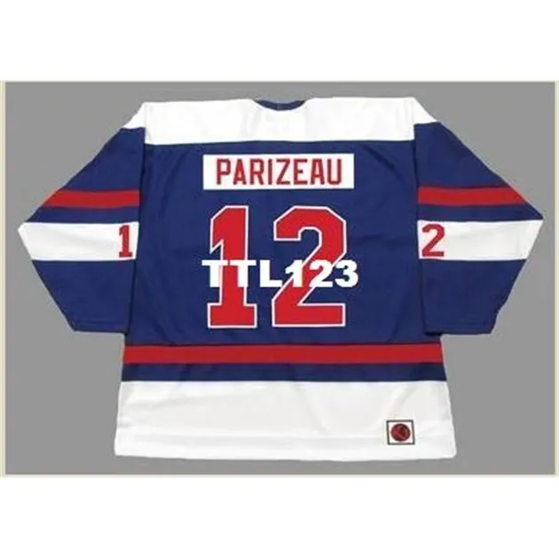 #12 MICHEL PARIZAU Quebec Nordiques 1974 WHA Hockey Jersey Thuis Steek elk naamnummer