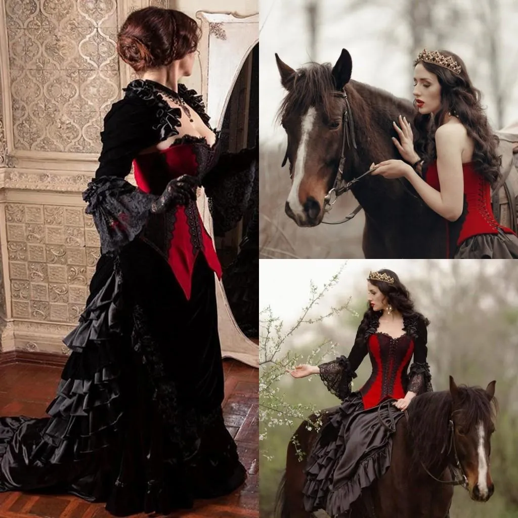 Vintage Black and Red Gothic Wedding Suknie Z Kurtki 2021 Długie Rękawy Julia Koronki Ruffles Gorset Powrót Sweep Pociąg Suknia Ślubna Vestidos
