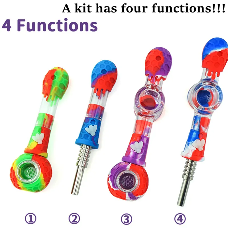 Silicone NC Verre 4 Multi Fonctions Concentré Quartz Fumée Cire Outils Plates-formes pétrolières Pointe en titane Dab Kits Nector Collector Fumer Pipes à main