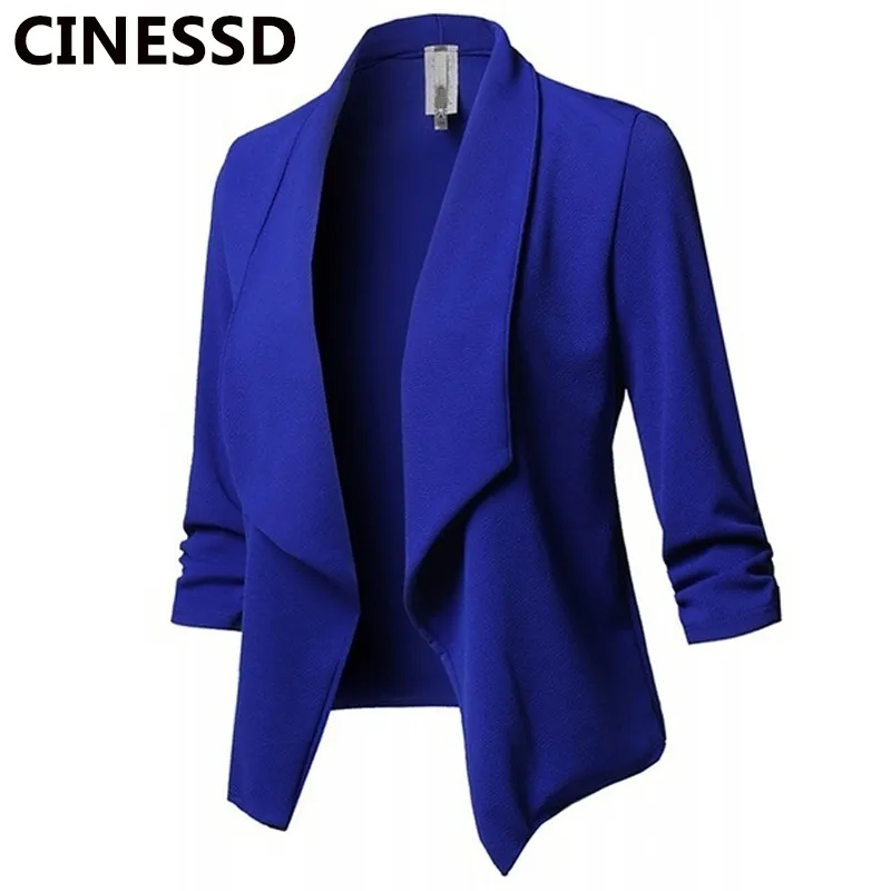 Cappotto blazer da donna CINESSD con intaglio a maniche lunghe increspato in cotone solido casual giacca slim da ufficio da donna blazer blu navy cappotti 201201