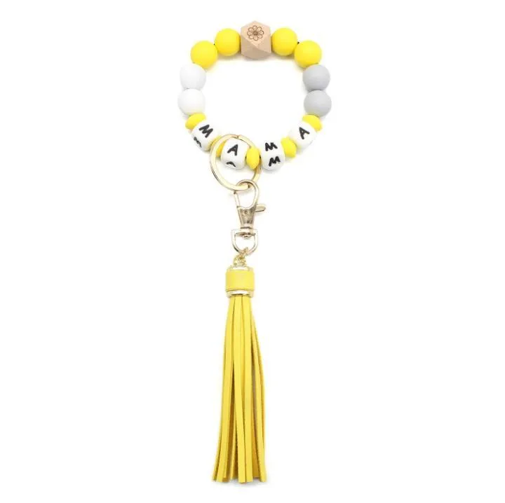 Party Favor Letter Silicone Bead Bracelets Tassel Key Chain Pendant Women`s Jewelry Bag Accessories Mother`s Day Gift SN4866