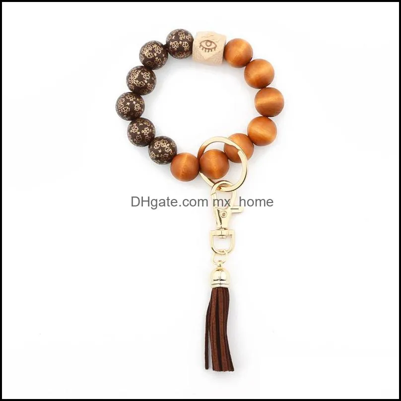 Jewelry Leopard spotted wood bead bracelet keychain PU leather tassel pendant chain multicolor key ring wristband Z5468