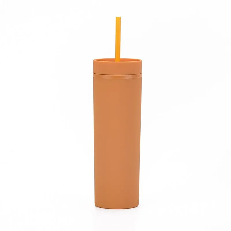 High Quality 16oz Mugs Double Layer Plastic Frosted Rubber Paint Water Cup Straight Body Straw Cup XG0379-1