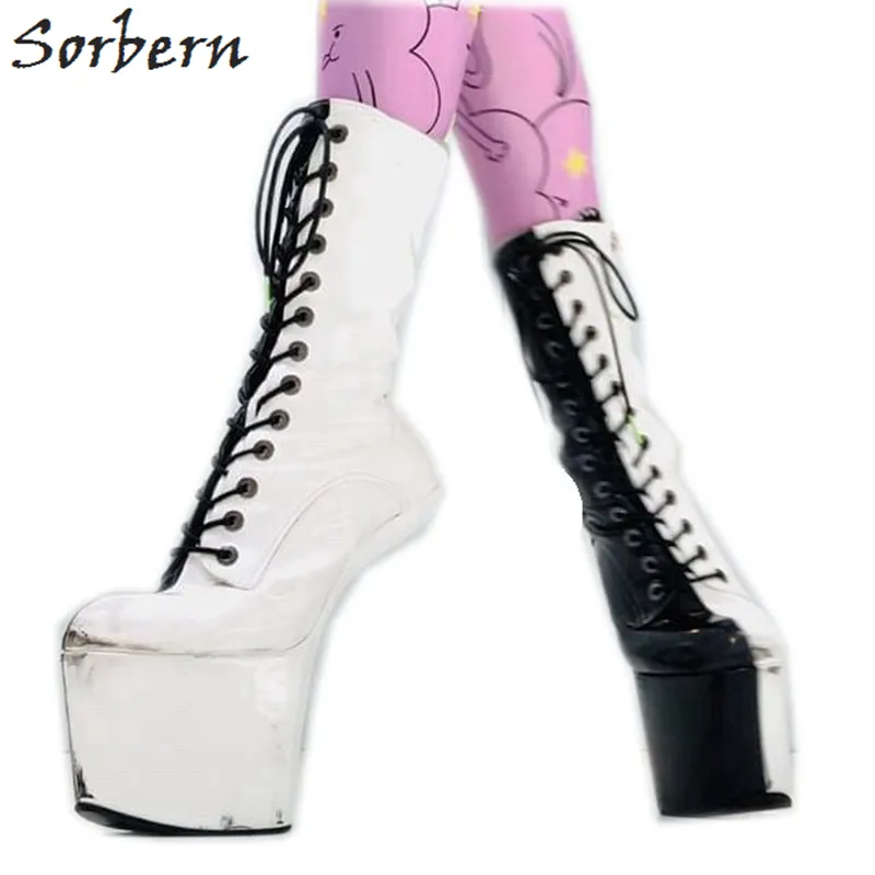 Sorbern Black and White Boots 여성 배선 클루즈 맞춤형 색상 섹시한 발 뒤꿈치 발굽 발발 짧은 부티 숙녀 레이스 업 플랫폼 신발