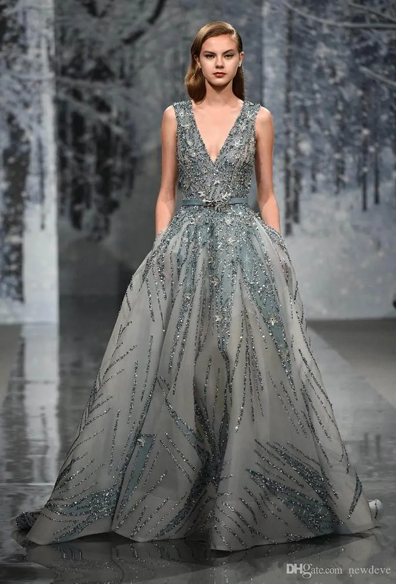 Latest Elie Saab Evening Gowns Luxury Beaded Sequins Crystal Velvet Sexy Deep V Neck Sleeveless Party Gowns A Line Formal Prom Dresses From Newdeve 281.46 DHgate.Com