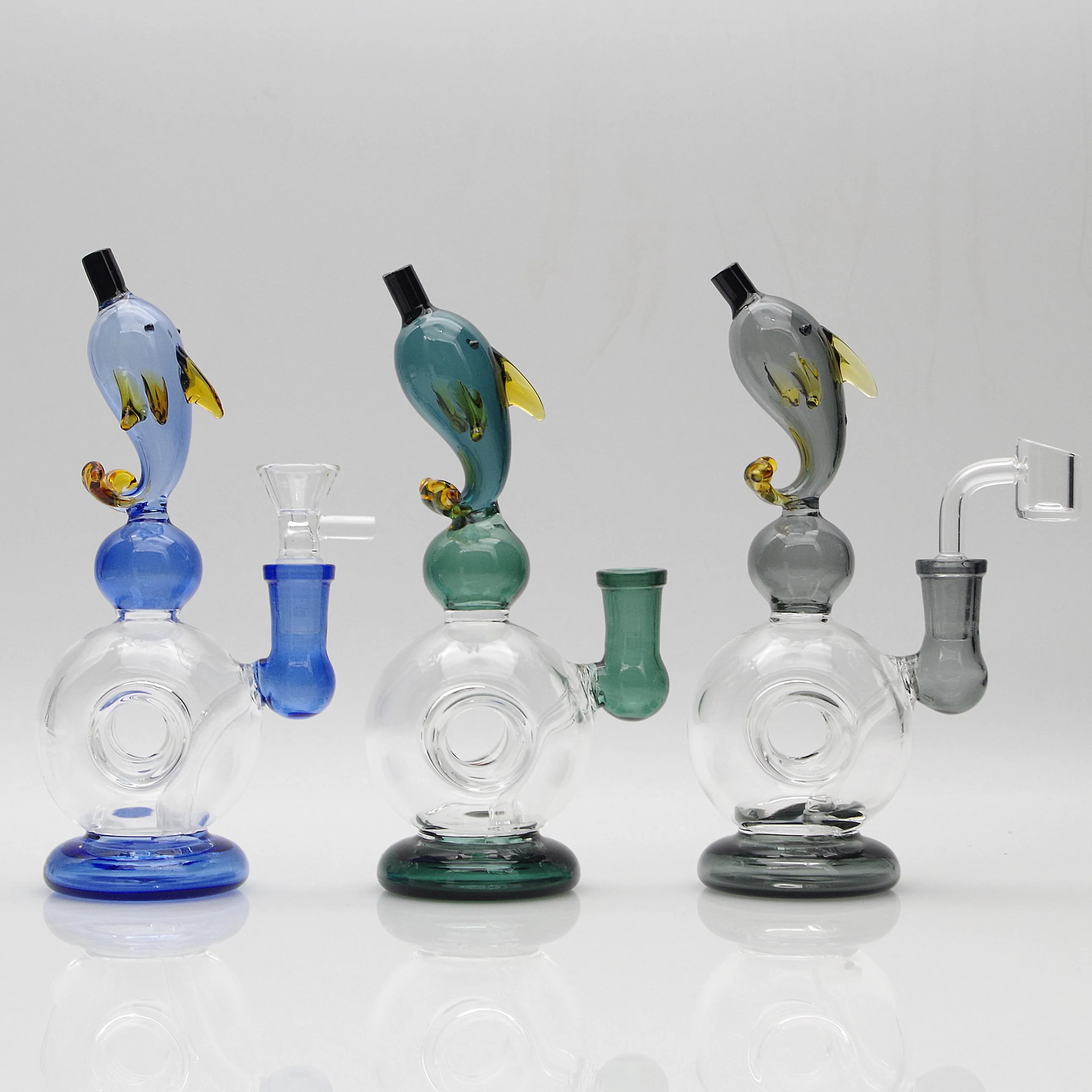 8inch Dolphin Recycler Glass Bong with Inline Perc Water Pipe Dab Rig Hookah Pipe with 1 bowl