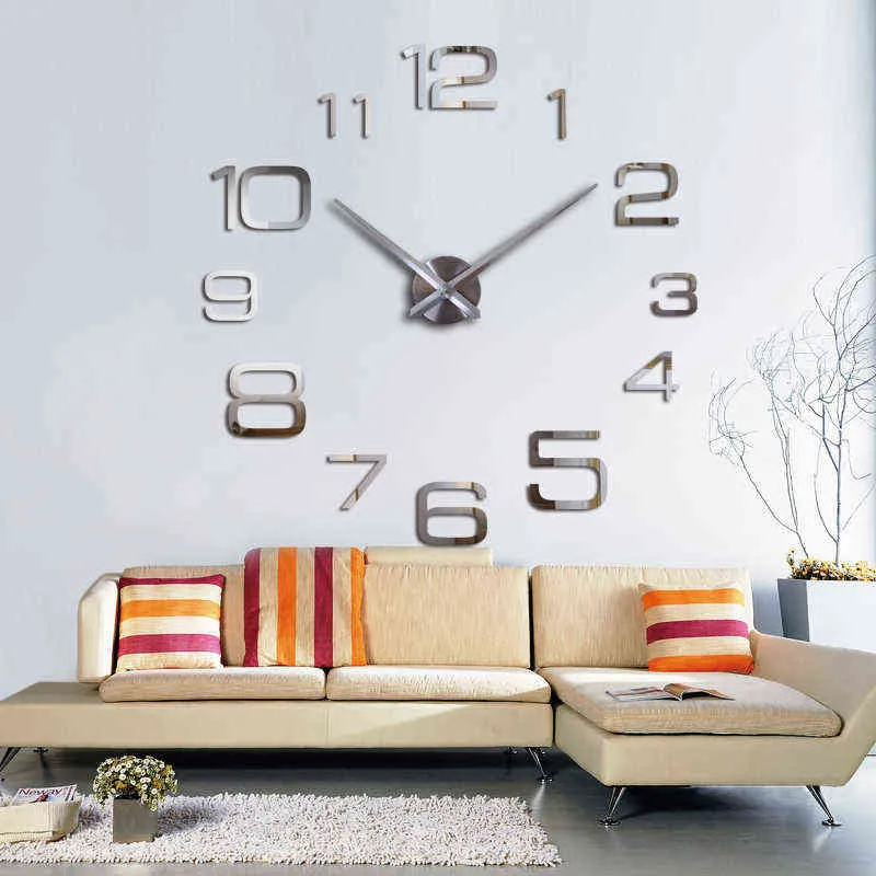 Mode stor vägg klocka modern design akryl spegel europa diy 3d klistermärken dekorativa kvarts klocka vardagsrum h1230