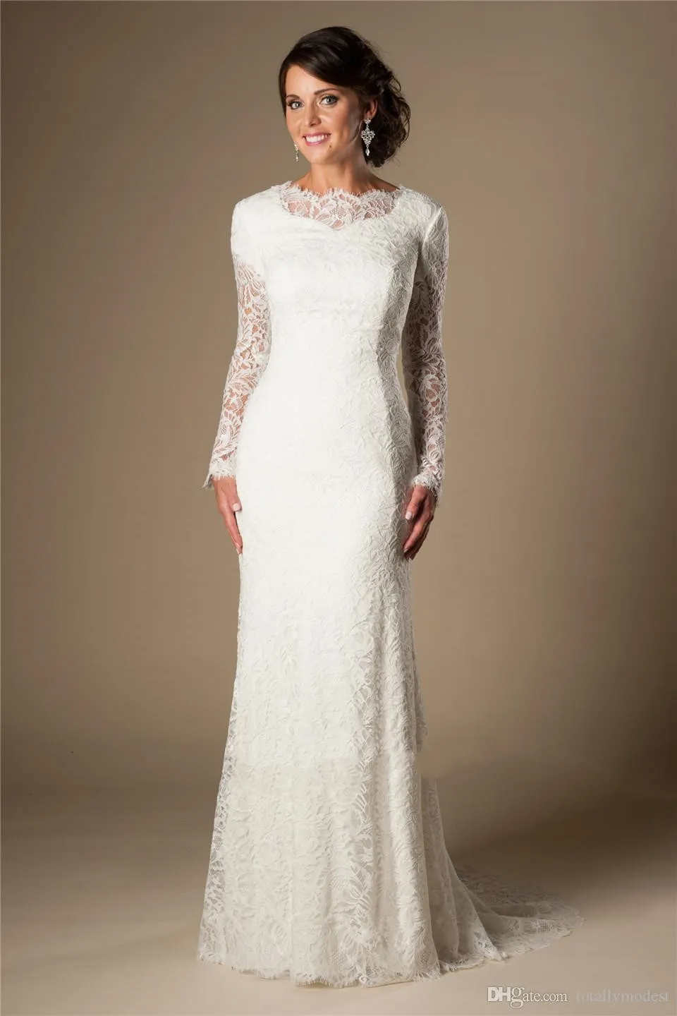 Vintage 1950s Lace Mermaid Modest Wedding Dress with Long Illusion Sleeves  and Court Train from Dhgate Mermaid Wedding Dresses - price 117.51