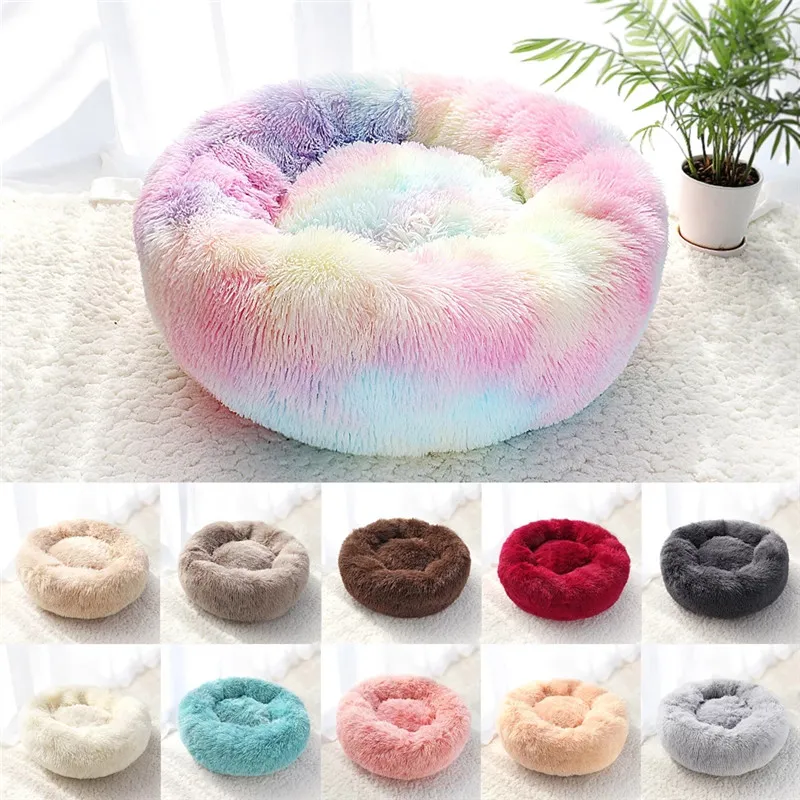 Lit pour animaux de compagnie chaud polaire rond chenil maison longue peluche hiver animaux lits pour chiens chats doux canapé coussin tapis