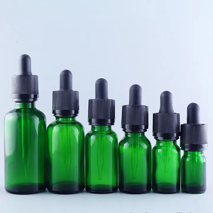 DHGATE 5ml 10nl 15ml 20ml 30ml 50ml 60ml 100ml Vidro verde Garrafas de soro cosmético com tampa de tampa suspensa preta à prova de criança