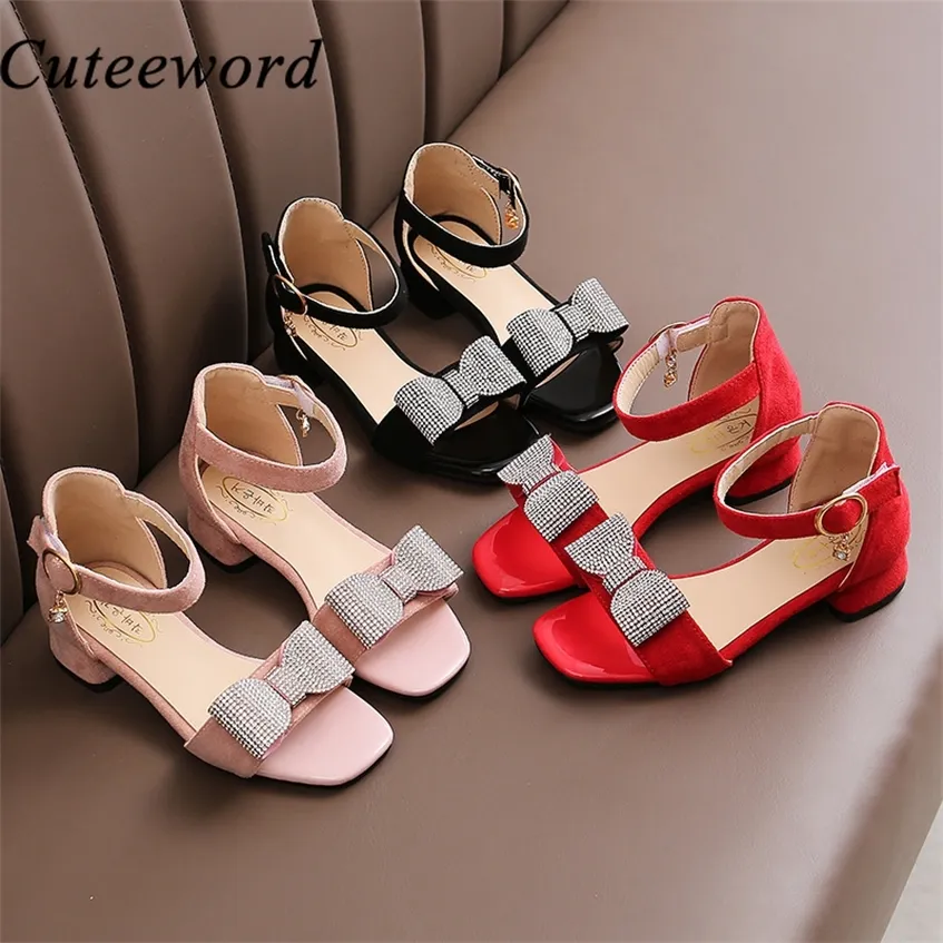 Size 27-38 Children's Sandals for Girls Shoes Summer High Heel Princess Roman Suede Bow Bright Diamond Red Black Pink 220225