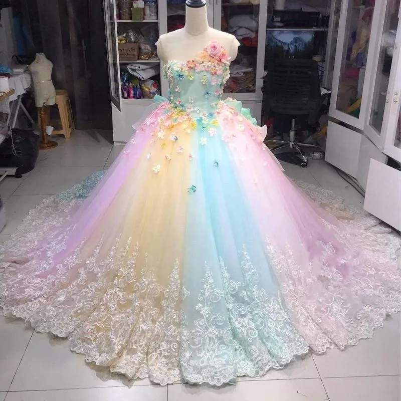 Party Dresses See Through Rainbow Evening Dress Flowered Lace Tulle ...
