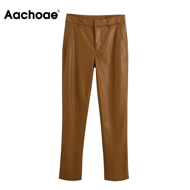 Aachoae Vintage PU Kunstleder Braune Hosen Frauen Hohe Taille Mode Lange Hosen Reißverschluss Damen Bleistifthose Pantalones 210413