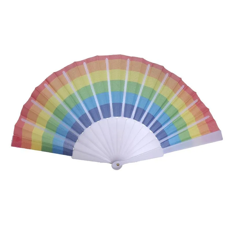 Folding Rainbow Fan Rainbow Printing Crafts Party Favor Home Festival Decoration Plastic Hand Held Dance Fans Gifts Wedding HY0366
