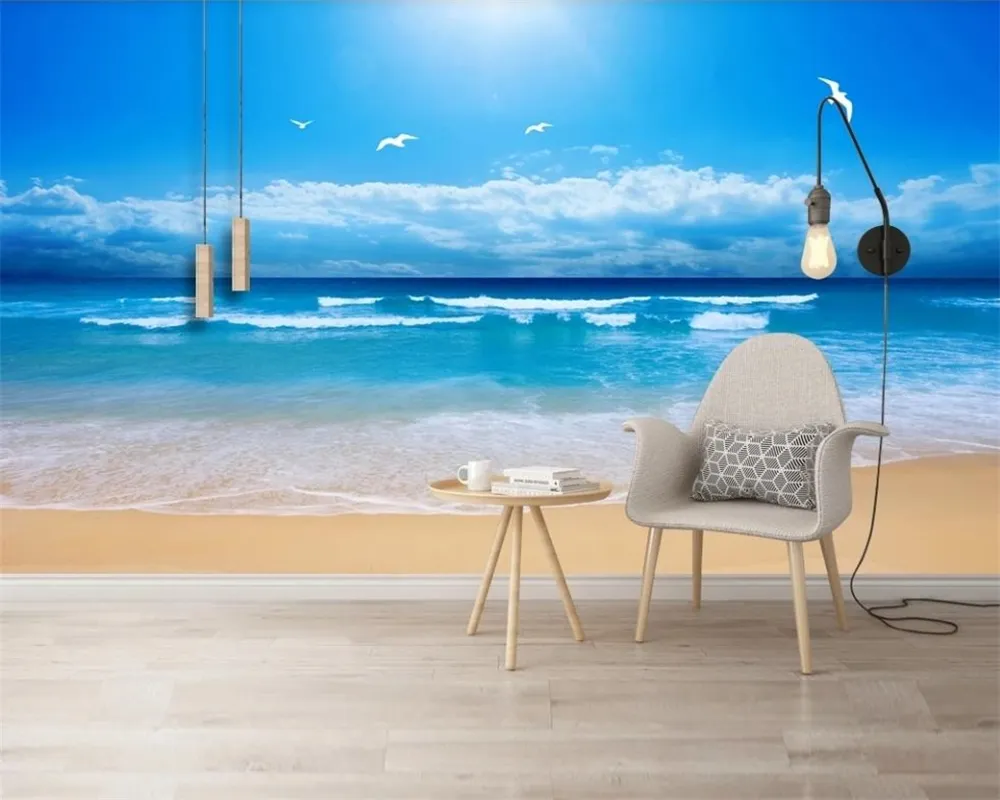 Carta da parati 3D Paesaggio marino Carta da parati classica 3D HD Cielo blu Mare Spiaggia Paesaggio Sfondo muro Carta da parati romantica 3D