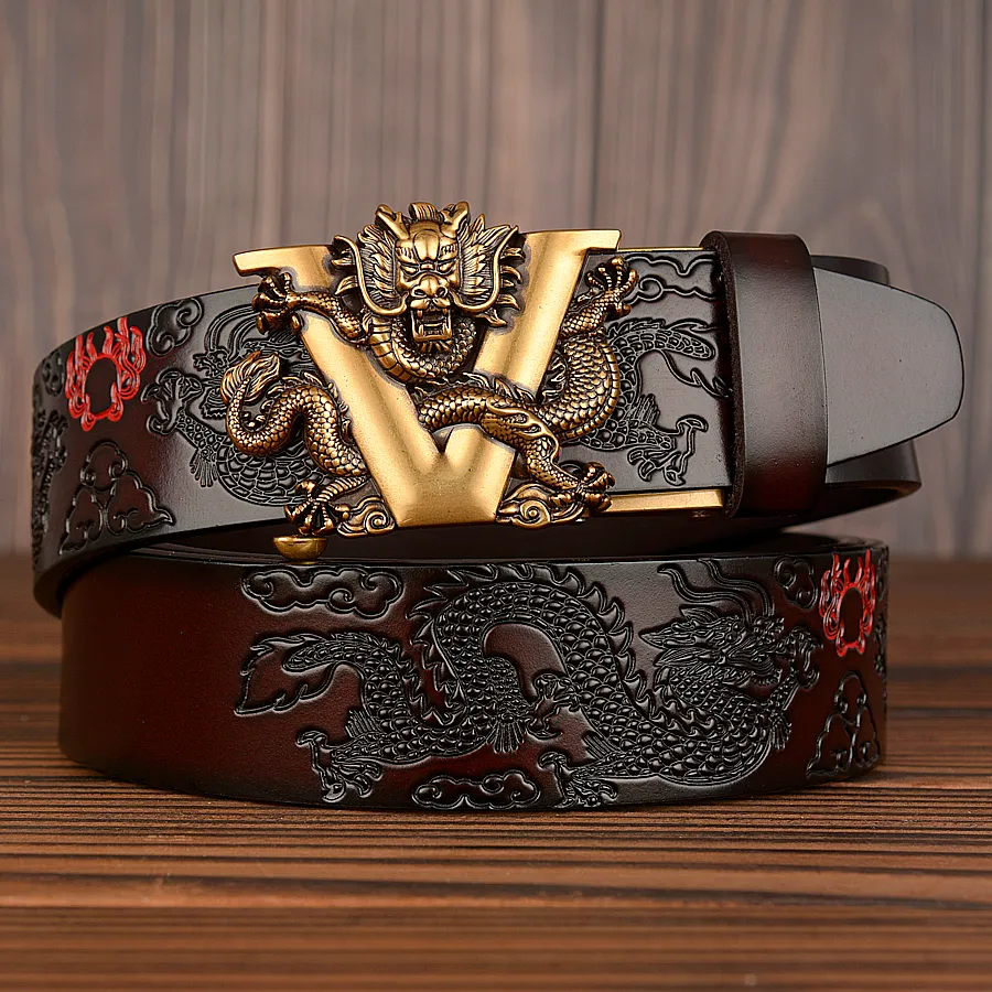 Male V Automatic Buckle Dragon Brand Belt Men Luxury Genuine Leather Men's business Belts for Men Causal Jeans Ratchet Belt 201214