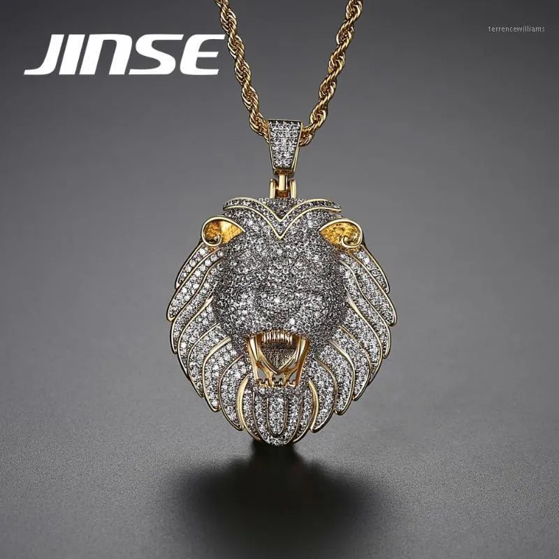 JINSE Mens Voll Iced Zirkonia Lion Tag Halsketten Anhänger Hip Hop Kubanische Kette Hip Hop Halskette Gold Schmuck Für männer1