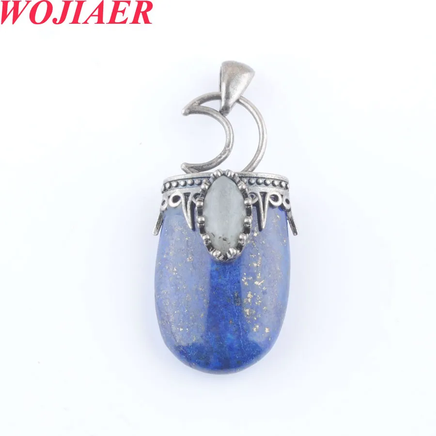 Wojiaer Natural Stone Pendant Antique Silver-Color Crown Moon Labradorite Geometric Women Men Trendy Necklace Jewelry Bo910