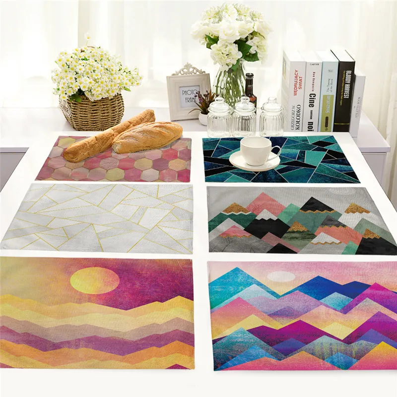 1st Colorful Geometric Printed Kitchen Placemat Dining Table Mat Coaster Cotton Linen Pads Cup Mats 42*32CM Home Decor MG0028