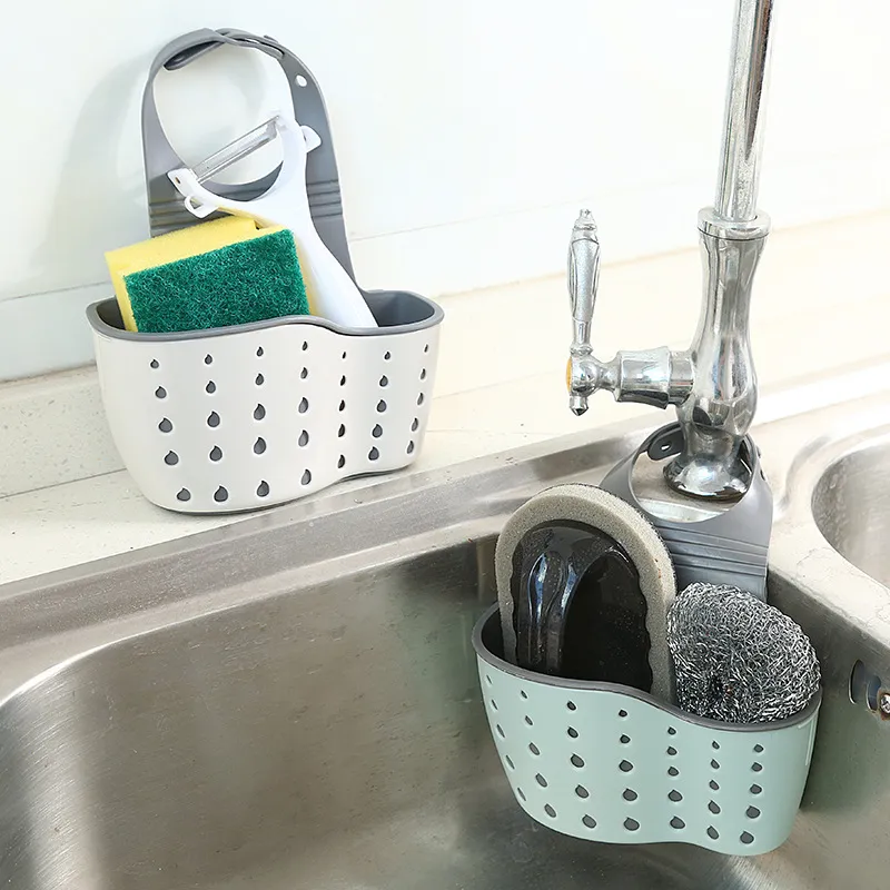 Étagère d'évier savon éponge égouttoir Silicone panier de rangement sac support de robinet réglable cuisine étagère de rangement en plastique
