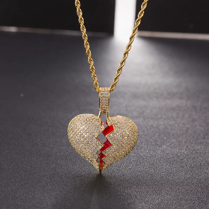 Iced out Red oil Heart Naszyjnik Wisiorek Z Łańcuchem Tenisowym 4mm Złoty Kolor Srebrny Charms Łańcuch Biżuteria