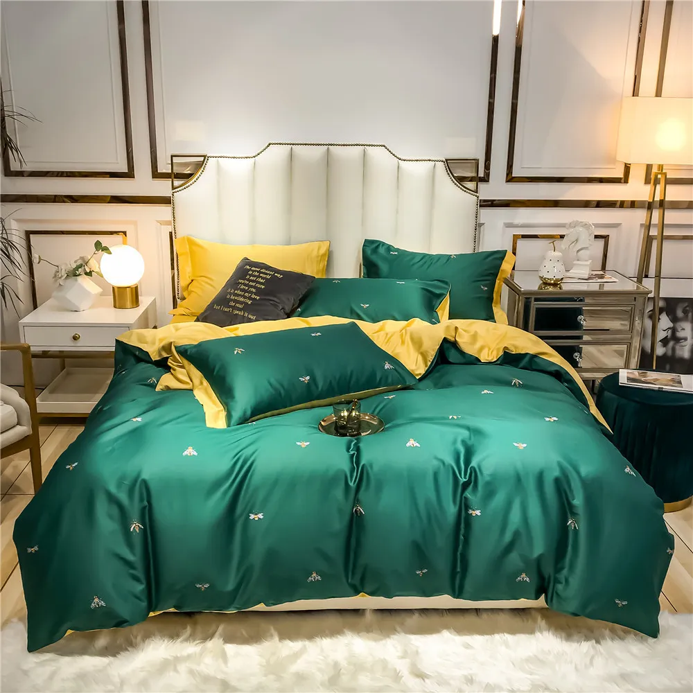 Luxury Green Little bees print 60s Egyptian cotton bedding set Queen Size duvet cover set yellow fitted bed sheet pillowcase 4pc T200706