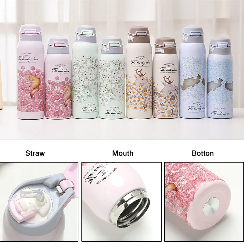 Double Wall Stainless Steel Thermos Water Bottle with Straw - Vacuum Insulated Travel Mug for Sports & Outdoor, 350/450ML