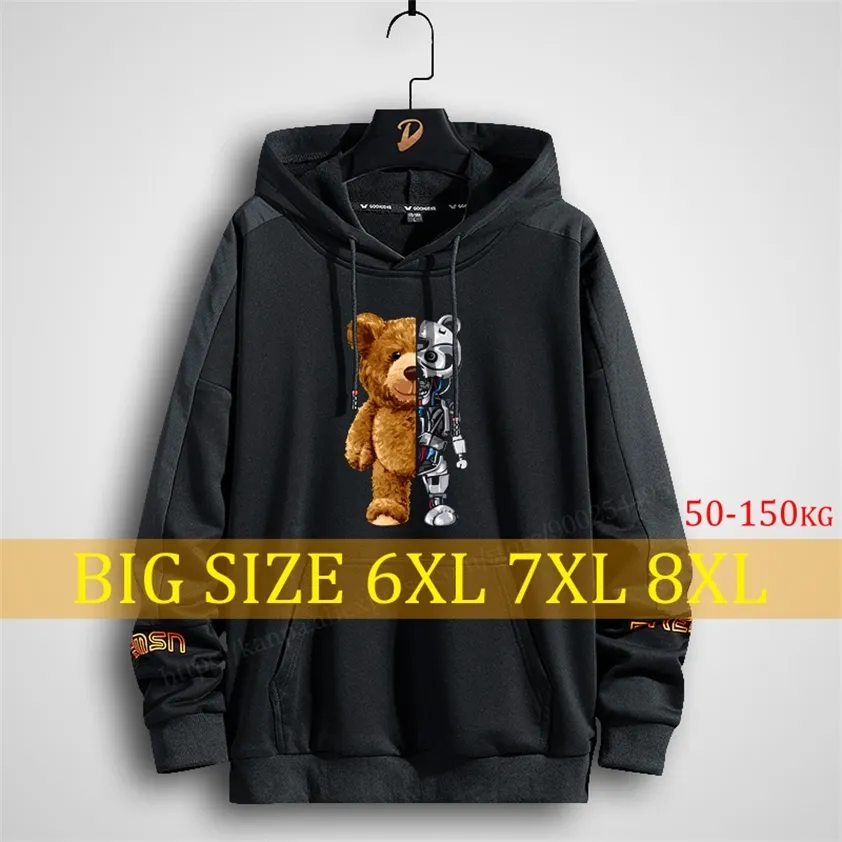 Plus Size Homens Hoodies Impressão Anime Mulheres Harajuku Streetwear Oversized Moletom Roupas Estilo Longo Com Capuz Urso Preto 8XL 220215