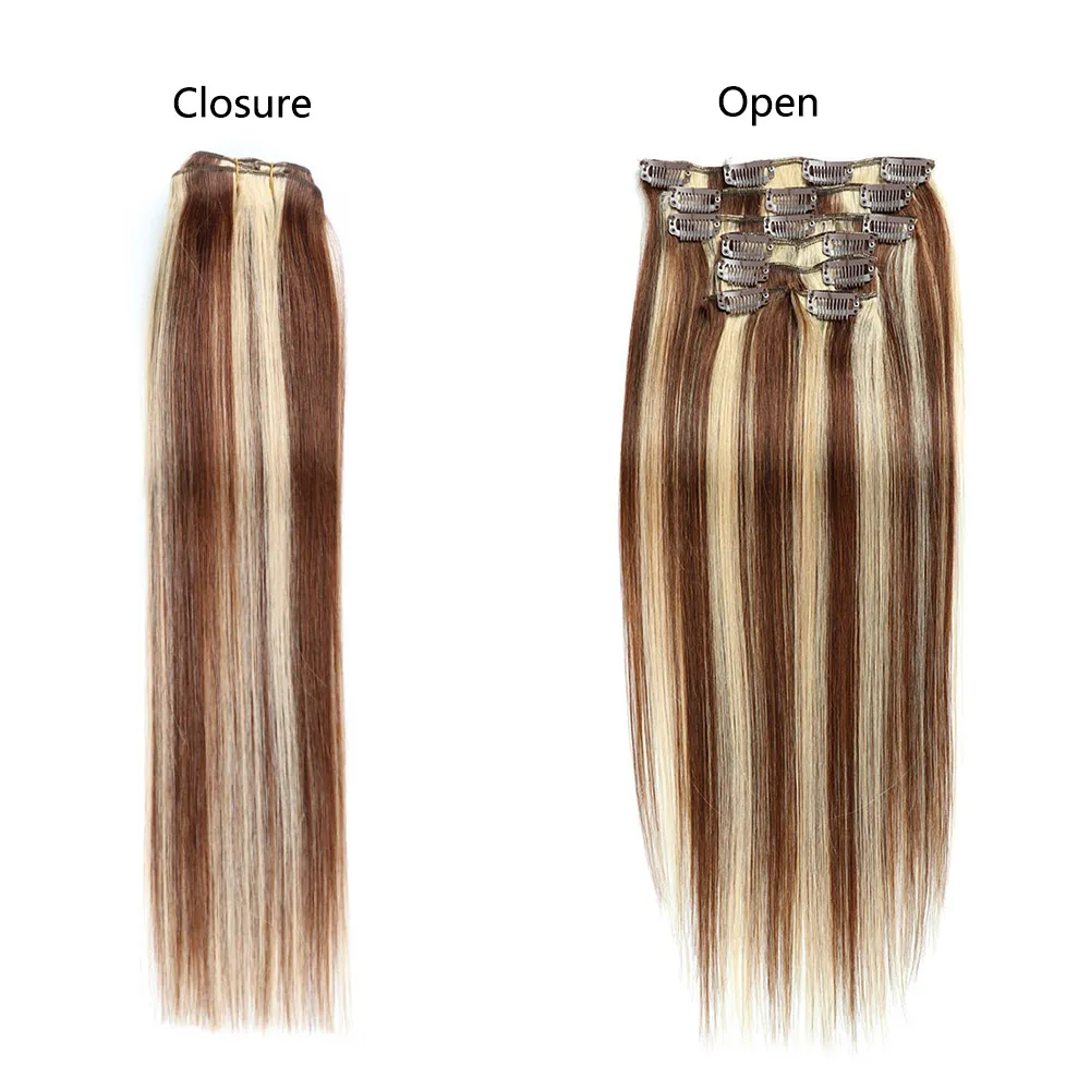 Extensions de cheveux malaisiens à clips, couleur 4/613, trames de cheveux humains vierges, 14 à 24 pouces, 70g, 100g