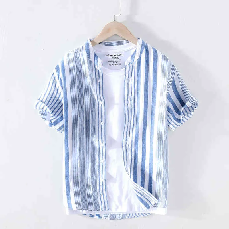 100% Pure Linen Striped Shirts For Men Short Sleeve Casual Stand Collar Hemp Shirts Man Summer Fashion Breathable Tops G0105