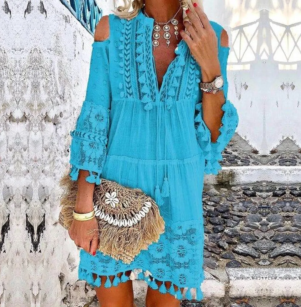 Boho Chic V Neck Bohemian Dress With Tassel Detail And Long
