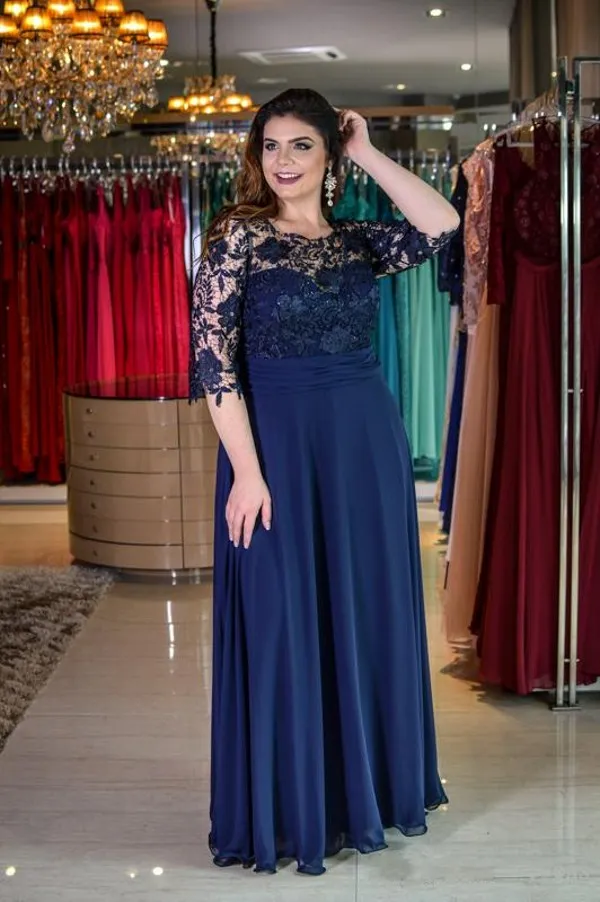 Mother of The Bride Formal Dresses Evening Plus Size Gorgeous Lace and Chiffon Half Length Sleeves Blue Mother of The Bride Dresse328C