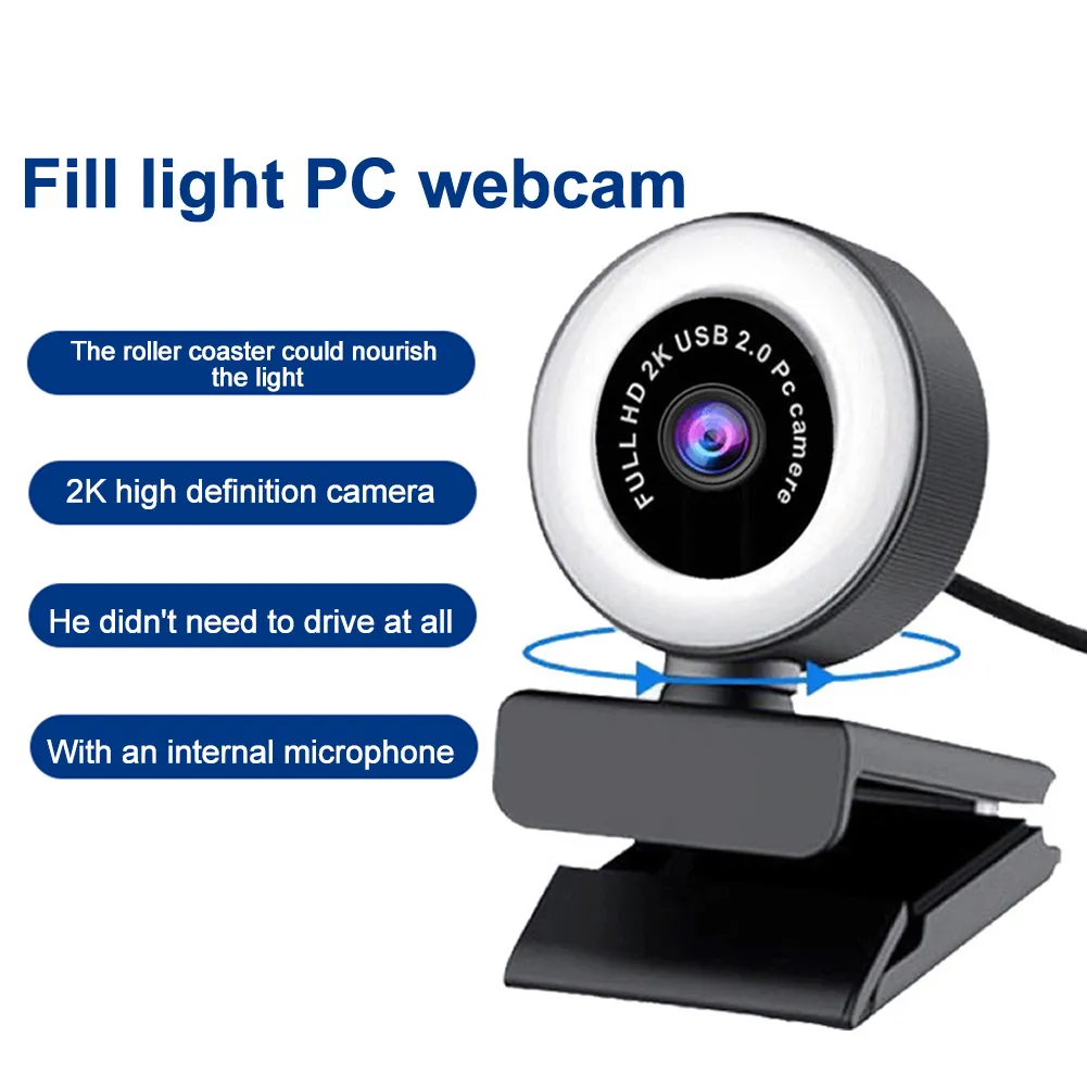 Bague Webcam Light HD 1080P Enregistrement vidéo Caméra Web USB pour PC Game Class Ordinateur portable en ligne avec microphone CAM Streaming OBS