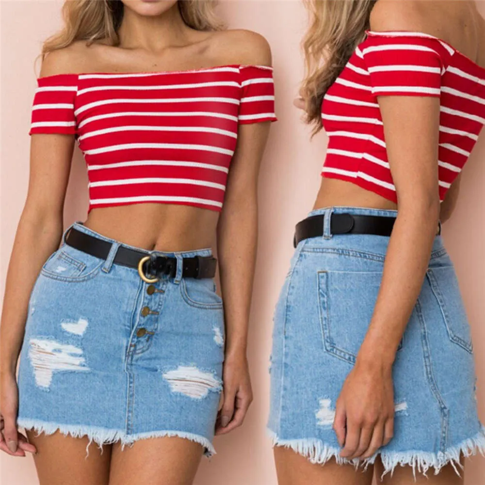 Women Sexy Summer Striped Off Shoulder Top Tees Cropped Jumper Sweater Pullover Ladies Short Sleeve Crop Top