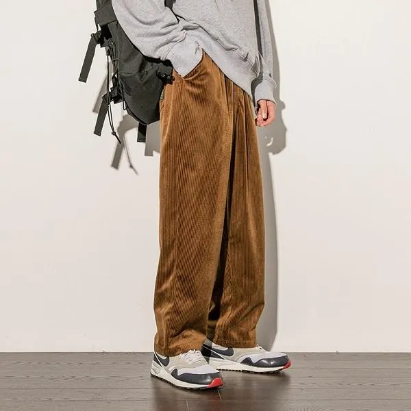 Mens Corduroy Casual Loose Fit Brown Corduroy Trousers For