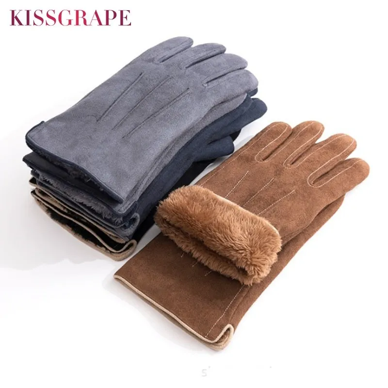 New Winter Mens Fashion Warm Durable Gloves Super Warm Fleece Touch Screen Gloves Suede Leather Mittens Dropshipping Whosale Y200110