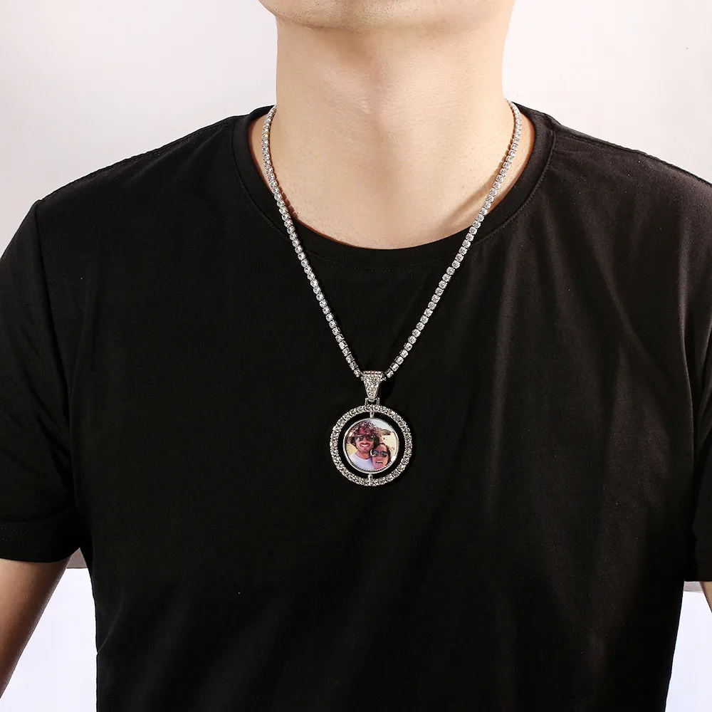 Anpassad PO -bild isad Roterabel Double Side Round Pendant Halsband för män Kvinnor Personlig minne Picture Hip Hop Jew249r