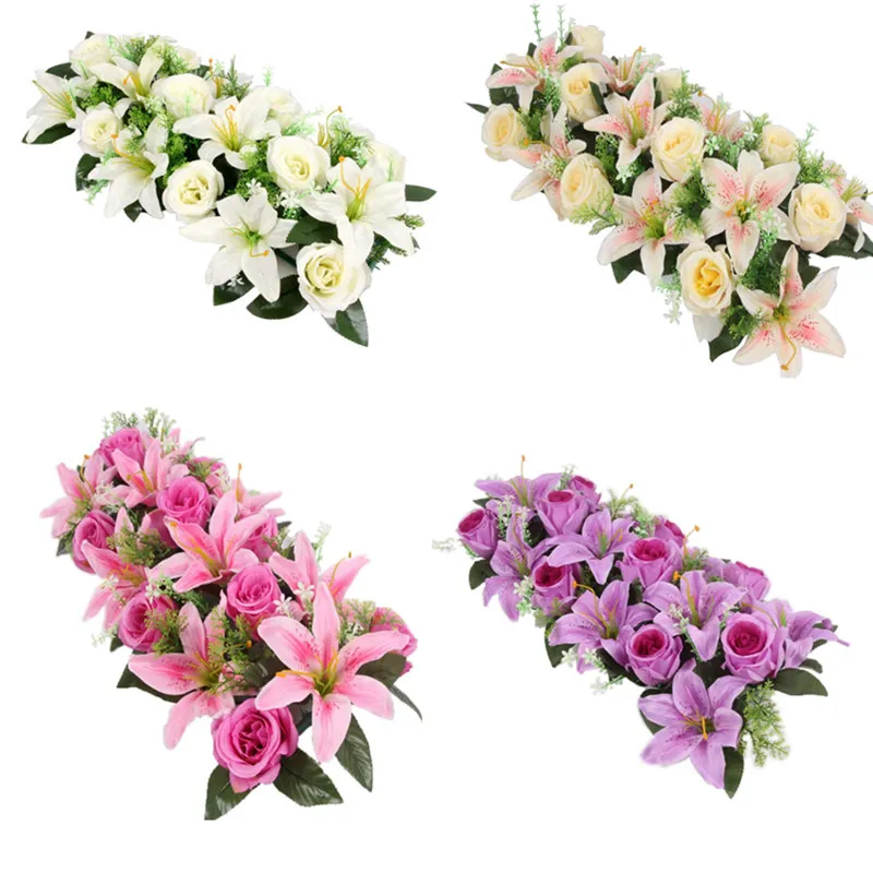 Fiore di seta artificiale Rose Lily Row Wedding Background Road Lead Fiori d'imitazione Decorazione murale Disposizione dell'arco per feste fai-da-te