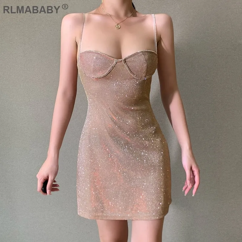 Sexy Bright Silk Diamond Women Mini Dress Low-Neck Sleeveless Backless Night Club Party Bodycon Elegant Princess W220308